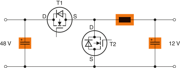 Buck-boost converter circuit diagram for the combined 12V/48V system